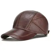 Hot Genuine Leather Hat Winter Warm Cowhide Baseball Men's Ear Hat Cap Hats Gift Dark brown