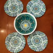 LOT Kohls Bobby Flay Melamine Large Salad Bowl & 4 Dinner Plates ~ Blue Boho NWT