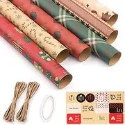 Christmas Wrapping Paper Set 50 x 70 cm, 6 Sheets of Paper, 1 Double-Sided Adhesive, 10 M.2 Kraft Paper Rope, 1 Sticker