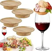 Grandis Home 4 Pieces Wine Glass Bamboo Charcuterie Topper, Reusable, Dual Use Mini Charcuterie Board Coasters & Plates, Large Small Party Appetizer, Round Plate Boards Toppers Coaster for Glasses