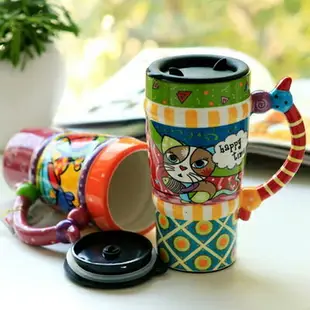 咖啡杯 彩繪馬克杯-可愛貓咪造型附蓋陶瓷水杯6色72ax13【獨家進口】【米蘭精品】