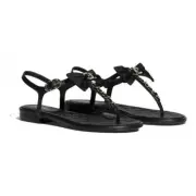 Chanel 20A Black Crystal Bow Lambskin CC Logo Mule Slide Flat Thong Sandal 39.5