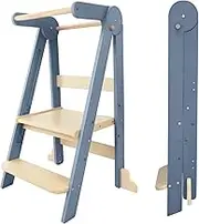 HARPPA Toddler Learning Tower, Kids Kitchen Step Stool Foldable Toddler Kitchen Tower with 3 Adjustable Heights, Suitable Age for 1.5-6 Years, Montessori Standing Tower (Grey)