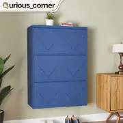 3 Metal Flip Drawers Shoe Cabinet Racks Wall Mounted Organizer Entryway Blue