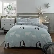 Sleepdown Penguin & Polar Bear Glow in The Dark Duck Egg Reversible Grey Fleece Thermal Warm Cosy Super Soft Duvet Cover Quilt Bedding Set with Pillow Case - Single (135cm x 200cm)