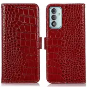 Compatible For Samsung Galaxy M13 4G Shockproof Genuine Cowhide Leather Wallet Case Stand Crocodile Texture RFID Folio Ma Red
