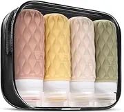 4 Pack Travel Bottles for Toiletries with Labels, 100 ml Silicone Travel Bottles Set with Clear Zipper Toiletry Bag, Leakproof Refillable Squeeze Travel Size Containers for Shampoo Conditioner