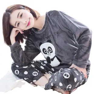 【Kilei】女生睡衣 冬季 保暖水貂絨 睡衣套裝 熊貓圖案英字水貂絨長袖二件式睡衣組XA4249(俏皮灰)全尺碼