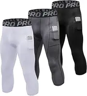 [LNFINTDO] Pack of 2 Compression Trousers, Men's 3/4 Sports Leggings, Quick-Drying Running Tights with Pockets, Breathable Compression Trousers for Fitness, Gym, Jogging, Training, Basketball, Black +