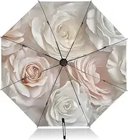[PDZRMY] Art Rose White UV Protection Travel Umbrella Compact for Rain and Sun - Auto Open and Close UPF 50+ Windproof Portable 46” Sun Umbrella for Women and Men