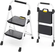 Sturdy Steel 2 Step Ladder Folding Step Stool with Handrail Anti-Slip Wide