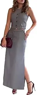 [HGKPFGTF] Women Two Piece Outfits Suits Summer Button Blazer Vest and High Waisted Slit Skirt Solid Color Work Matching Sets