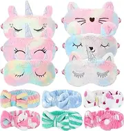 12 Pcs Sleepover Party Supplies for Girls Unicorn Rainbow Animal Plush Sleep Eye Mask Soft Spa Headband for Women Overnight Spa Bachelorette Party Favors