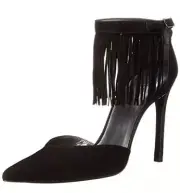 Stuart Weitzman Fringelica Fringe Black Suede Ankle Strap Pump N4543 Size 9.5 M