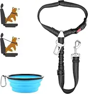 DVEDO 2 in 1 Dog Seatbelts, 1 Pcs Pet Safe Guard Car Seat Belt with Portable Bowl Headrest Restraint Clip Puppy Adjustable Dog Car Harness Belt with Anti-Shock Elastic Bungee Buffer