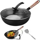 Carbon Steel Wok Pan with Lid and Spatula, 12.6 Inch Hand Hammered Iron Woks wit