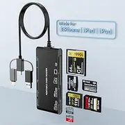 7-in-3 Lightning & USB-C & USB3.0 Multi Card Reader, SD CF XD MS Micro SD TF Card Reader for iPhone/iPad, Memory Card Reader High-Speed Trail Camera Viewer, Plug and Play, Simultaneously Read/Write