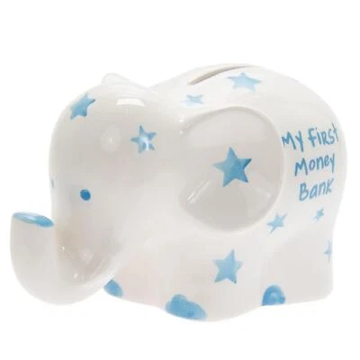 My First Money Bank Elephant Money Box White with Blue Stars