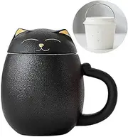Cute Cat Ceramic Tea Mugs with Infuser & Lid, Handmade Porcelain Tea Cup for Steeping Loose Leaf Tea, Teacup Suitable for Home & Office, Great for Tea Lovers 350ML (Black)