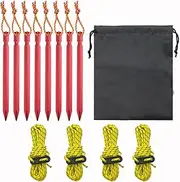 Aluminum Alloy Tent Stakes Pegs, 10-Pack Aluminum Ground Pegs with 3.5mm*4m Reflective Pull Ropes with Tent Cord Tensioners, Lightweight Metal Stakes Pegs for Camping Tents Hammock Hiking Backpacking
