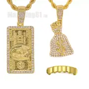 Cubic Zirconia $100 Bill Money Bag Pendant 24" Rope Chain Necklace & Grillz Set