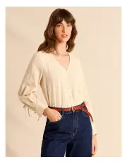 [Piper] Tie Up Cuff Blouse in Beige