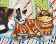 Cats in Quarantine Masks Folk Art Print 13x19 Cat Collectible Artist KSams Cat
