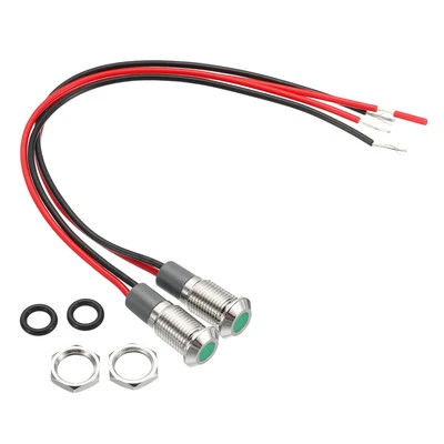 2Pcs AC/DC 12-24V 8mm Green Indicator Light Flush Panel Mount with 150mm Cable