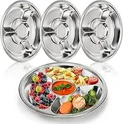 ZOOFOX Set of 4 Stainless Steel Divided Plates, Portion Control Plates with 4 Sections, Round Serving Platter, Cafeteria Mess Tray, Camping Dishes, 10 inches