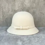 Women Elegant French Style Wool Bucket Hat with Bow Autumn Winter Felt Cap