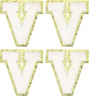 sourcing map Chenille Letter Patches 3.1" Alphabet V Iron on Embroidered Patch Sew on Letter Stickers Applique for Repairing Clothing Jeans Shoes Hats DIY(White, Pack of 4)