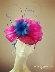 Aimee Fuller Kentucky Derby Hot Pink Bow Fascinator Hat Blue Feather Flower