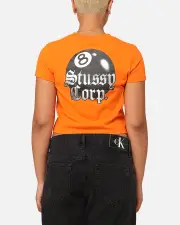 [STUSSY] Stüssy Women's 8 Ball Corp Slim T-shirt Coral - Size 8 8 Coral