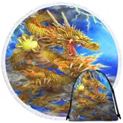 Cool Fantasy Lightning Storm and Golden Dragon Round Beach Towel