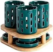 Kitchen Counter 3 Pieces Ceramic Utensil Caddy with Bamboo Base, Creative Triangle Kitchen Silverware Caddy for Countertop, Cutlery Storage Organizer Drain Rack Organizer(Green-001)