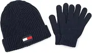 [Tommy Hilfiger] Boy's Fisherman Rib Cuff Hat and Gloves Set, Navy Blazer, 8-16, Navy Blazer, One Size