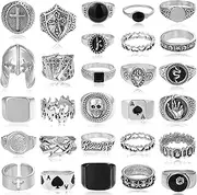 [Acruccen] 28 Pcs Vintage Silver Punk Rings Set for Men Cool Gothic Chunky Rings Statement Skull Cross Signet Ring Set, Metal, No Gemstone