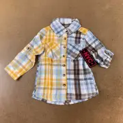 NYC Girls Size 4 Blue Plaid Flannel Long Roll Tab Sleeve Button Front Top NWT