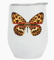 LEOPARD BUTTERFLY DESIGNER WINE INSULATED STEMLESS TUMBLER with LID, 12 OZ