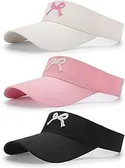 [Shyyween] 3 Pack Bow Tie Sun Visor Hats for Women Coquette Pink Bow Adjustable Empty Top Cap UV Protection for Sports Outdoor Golf Running Hiking Travel Sun Hats, White, Black, Pink, One Size