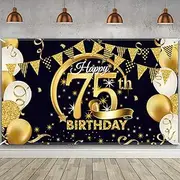 Birthday Party Decoration Extra Large Fabric Black Gold Sign Poster for Anniversary Photo Booth Backdrop Background Banner, Birthday Party Supplies, 72.8 x 43.3 Inch (75th)