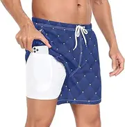[GuoChe] Men's Swimming Shorts Men's Double Layer Workout Running Shorts Retro Style Navy Blue with Phone Pocket Beachwear