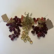 Set/3 Red & Yellow, Plastic Lucite Faceted Jeweled Grape Clusters Leaves