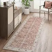JINCHAN Antibacterial Runner Rug Hallway Brick Red Vintage Area Rug Retro Floor Rug Foldable Thin Rug 61x183CM Distressed Floral Print Indoor Mat Kitchen Bathroom Kids Nursery Bedroom Laundry
