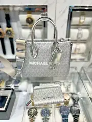 Michael Kors Mirella Small Silver Crossbody Bag Handbag Purse +Zip Around Wallet