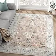 JINCHAN Area Rug 152x213CM Persian Rug Vintage Floor Cover Foldable Thin Rug Indoor Retro Blush Pink Floral Print Distressed Carpet Non Slip Kitchen Living Room Bedroom Dining Room