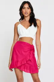 Pink Linen Blend Frilled Wrap Mini Skirt - Size 10, Women's Short Wrap