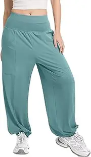 [Mintreus] Women's Harem Pants, High Waist Boho Palazzo Trousers with Front Pockets Summer Hippie Pants 2025, Lake Green, Small