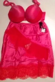 Victoria's Secret Amazing Push Up Bra 100% Silk Half Slip Panty Set 32D DD Red