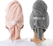 Aiuuee 2 Pack Large Microfiber Hair Towel Wrap for Long Hair, Super Absorbent Hair Drying Towel with Elastic Strap, Fast Drying Anti Frizz Hair Turban for Women Wet Long Curly Hair(Pink + Grey)